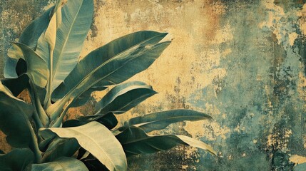 Poster - Artwork featuring lush tropical leaves against a textured worn backdrop