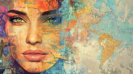 Aufkleber - Abstract painting featuring a map inspired background alongside the visage of an attractive woman Ideal for wallpapers posters and decor in various settings like cafes and homes
