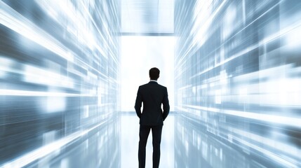 Poster - A figure stands in a futuristic corridor, symbolizing innovation and opportunity.