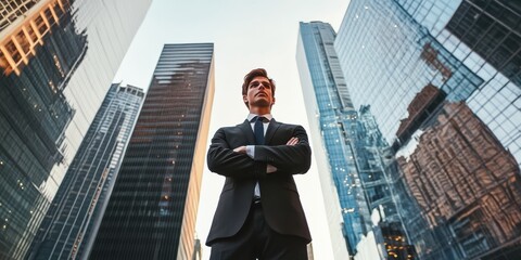 A confident, young professional standing tall in the midst of a bustling cityscape