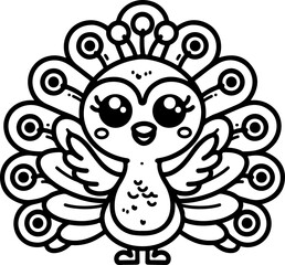 Wall Mural - cartoon peacock, hand-drawn in line art style. vector illustration, isolated for easy use in kid's d