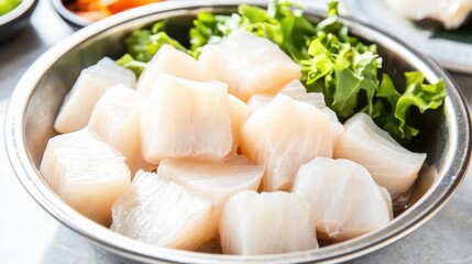 Poster - Close up of raw hake fillet pieces arranged in a metal bowl
