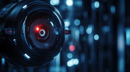 Poster - A futuristic camera lens with glowing elements in a high-tech environment.