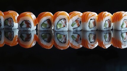 Poster - A Photo of Sushi and Rolls on a Dark Reflective Surface