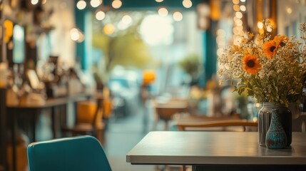 Poster - Blurry Background Interior Design Featuring Bar Table and Chairs with Decorative Elements in Indoor Space Blurred Background of a Cafe Coffee Shop with Light Bokeh Effect in a Retail Setting