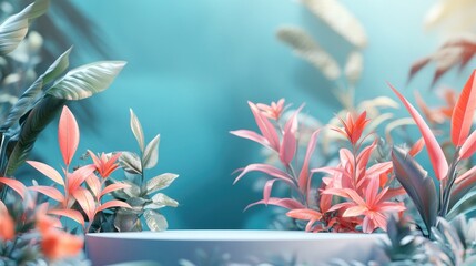 Aufkleber - 3D rendering of an abstract podium display featuring tropical leaves and coral pink plants ideal for product promotion and advertising set against a blue pastel natural backdrop