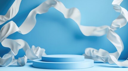 Aufkleber - 3D render contemporary stylish blue backdrop product display area empty cylindrical podium showcase vacant pedestal circular stage flowing paper ribbons