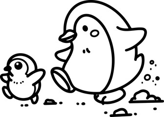 Wall Mural - cartoon penguins walking in line, hand-drawn in-line art style. vector illustration, isolated for ea