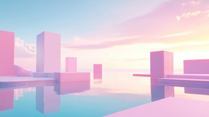 Poster - 3D render of an abstract surreal pastel landscape featuring architectural elements and geometric shapes complemented by a beautiful gradient sky and a tranquil lake with calm water showcasing a mi