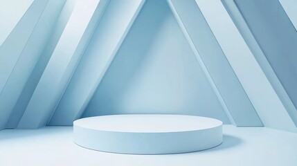 Aufkleber - 3D abstract studio space featuring a pedestal podium A white geometric platform accented by pastel blue layered triangles in the background Minimalistic setting ideal for showcasing cosmetic produ
