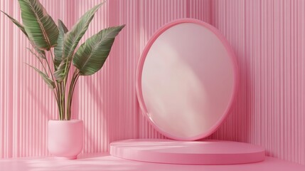 Aufkleber - Abstract pink geometric shape backdrop featuring a frame and a plant creating a minimalist podium mock up scene 3D rendering