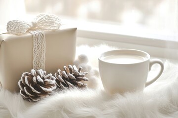 Cozy winter still life with hot drink wrapped gift the window