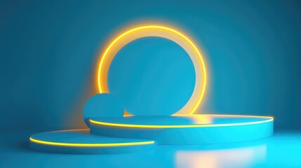 Aufkleber - 3D render featuring a blue background with abstract geometric shapes illuminated by yellow neon light A contemporary minimalist setting suitable for product display