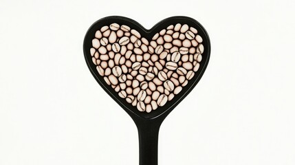 Aufkleber - Brown roasted coffee beans in a black measuring spoon with a heart shape of beans on a white background Selective focus on the spoon Coffee break energy freshness great aroma Copy space close up