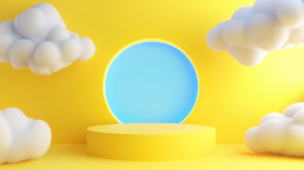Aufkleber - 3D render featuring an abstract yellow background with white clouds and a blue circular opening A minimalist geometric display scene with an empty podium for presenting products