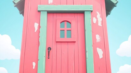 Aufkleber - Closed Red Wooden Loft Door with Worn and Cracked Paint against a Blue Sky