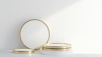 Aufkleber - Clean white and gold product pedestal on a white background featuring a gold frame and a memorial board Abstract minimal concept with blank space and a luxurious mockup 3D render
