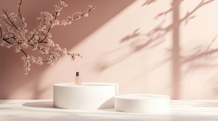 Aufkleber - Abstract backdrop featuring white podiums Geometric forms for a contemporary pedestal presentation of cosmetics Unoccupied space mockup design with a studio platform template 3D rendering effect