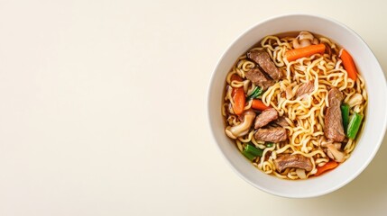 Aufkleber - Bowl of Asian noodles with pork vegetables and mushrooms viewed from above with empty space for text