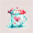 © Ekaterina - Watercolor illustration of lovable birds perched on a heart-decorated mug for Valentines Day