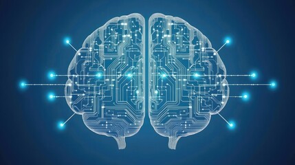 Poster - Abstract brain connected to a network of electronic circuits, symbolizing the evolution of human intelligence through technology.