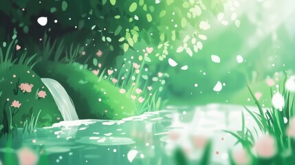 Aufkleber - An abstract view of a sunlit water surface creating white reflections with the water level surrounding lush moss and grass