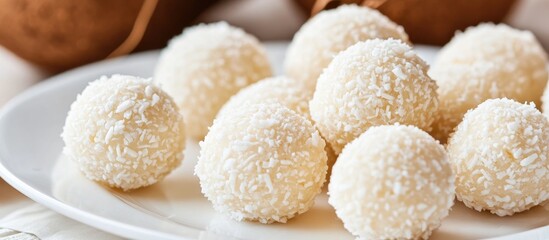Poster - Coconut Cookie Balls Close Up Lying On A White Plate