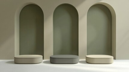 Aufkleber - 3D rendering of four minimalistic empty podiums or pedestals featuring a blank display shelf for showcasing products