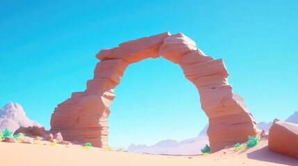 Aufkleber - A massive natural rock arch rises against a clear blue sky framed by rugged mountains and arid terrain highlighting the splendor of the great outdoors