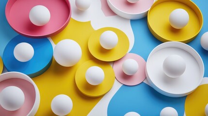 Aufkleber - Collection of 3D circle pedestals in yellow blue pink and white viewed from above featuring a dynamic arrangement of white and colorful balls Minimalist product display with abstract geometric pla