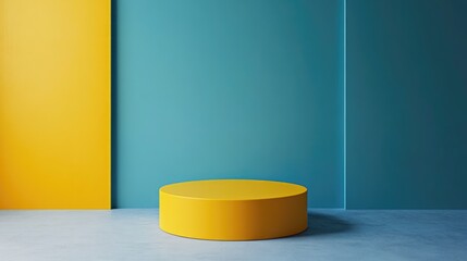 Aufkleber - Abstract blue geometric background suitable for presentations and exhibitions 3D render of a round podium pedestal for product display and showcase Minimalist studio featuring a yellow stand