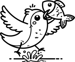 Wall Mural - cartoon seagull snatching a fish, hand-drawn in line art style. vector illustration, isolated for ea