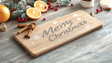 Wooden cutting board with 'Merry Christmas' and festive decorations on wooden table.