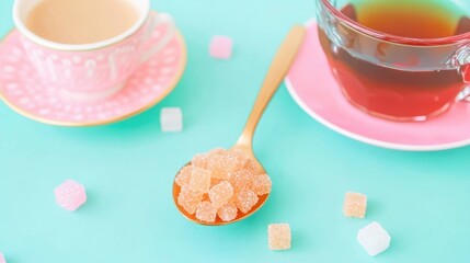 Poster - Amber sugar crystals in a spoon alongside a glass sugar bowl and a cup of hot drink on a blue background Unrefined brown cane sugar suitable for coffee and tea close up view
