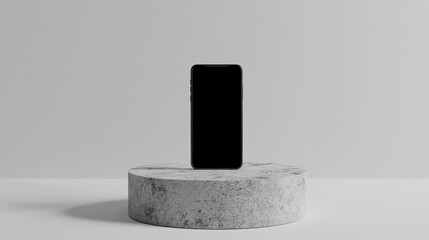 Aufkleber - 3D rendering of a smartphone with a blank screen positioned on a round white stone pedestal displayed flat against a minimalistic white backdrop suitable for commercial advertising use