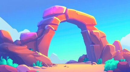 Aufkleber - A massive natural rock arch rises against a clear blue sky framed by rugged mountains and arid terrain highlighting the splendor of the great outdoors