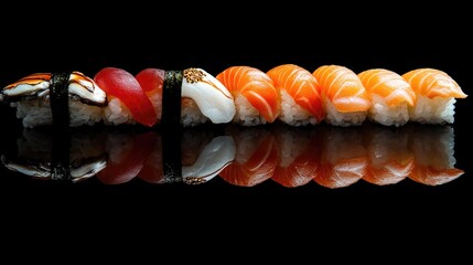 Poster - A Photo of Sushi and Rolls on a Dark Reflective Surface