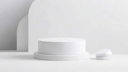 Aufkleber - 3D illustration of a geometric white cylinder podium for cosmetic product display Empty mock up design in a modern abstract composition on a white background