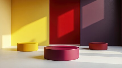 Aufkleber - Collection of 3D product display backgrounds in red yellow and dark purple on a white floor with open space Minimalist abstract composition Studio showcase for fashion product presentation