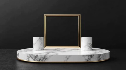 Aufkleber - 3D rendering of a white marble pedestal on a black background featuring a gold square frame and two cylindrical blocks embodying an abstract minimal concept with blank space and a simple clean des
