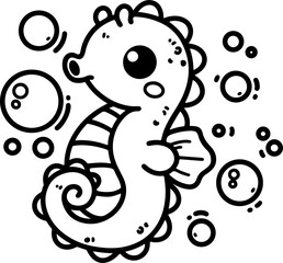 Wall Mural - cartoon seahorse with a bubble, hand-drawn in-line art style. vector illustration, isolated for easy