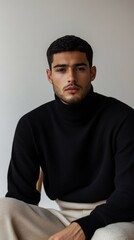 Poster - A man in a black sweater and white pants sits in front of a white wall