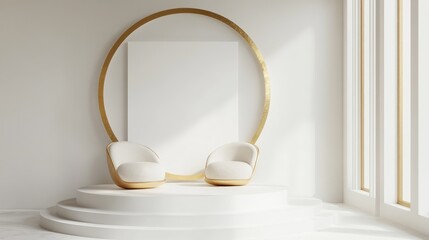 Aufkleber - Clean white and gold product pedestal on a white background featuring a gold frame and a memorial board Abstract minimal concept with blank space and a luxurious mockup 3D render