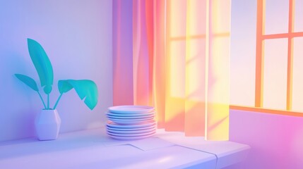 Aufkleber - A partially torn curtain drapes over a stack of plates in a contemporary kitchen showcasing a sleek and stylish contrast in the environment