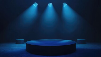 Poster - 3D rendering of stage lighting equipment Blue spotlight illuminating a podium Intense lighting effects with isolated spotlights against a dark background