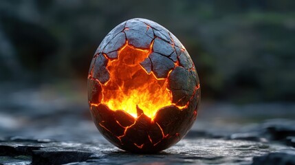 Poster - A glowing, cracked egg with molten lava inside, set against a rocky background.