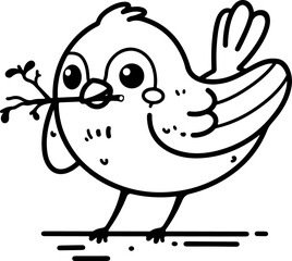 Wall Mural - cartoon sparrow holding a twig, hand-drawn in line art style. vector illustration, isolated and perf