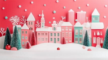 Modern Christmas landscape in a city with pink, mint, red colors. 3d rendering illustration of toy city with futuristic vibe. Background, wallpaper