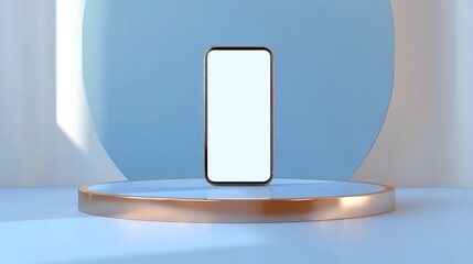 Poster - Blue smartphone displayed on a cylindrical podium featuring a gold border and two copper circles against a blue backdrop Minimalist studio 3D design Mockup space for a contemporary smartphone with