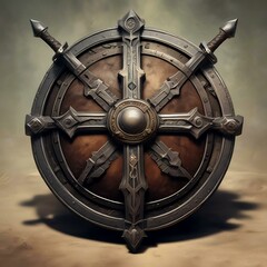 Realistic illustration of ancient shield with two swords in cross behind.